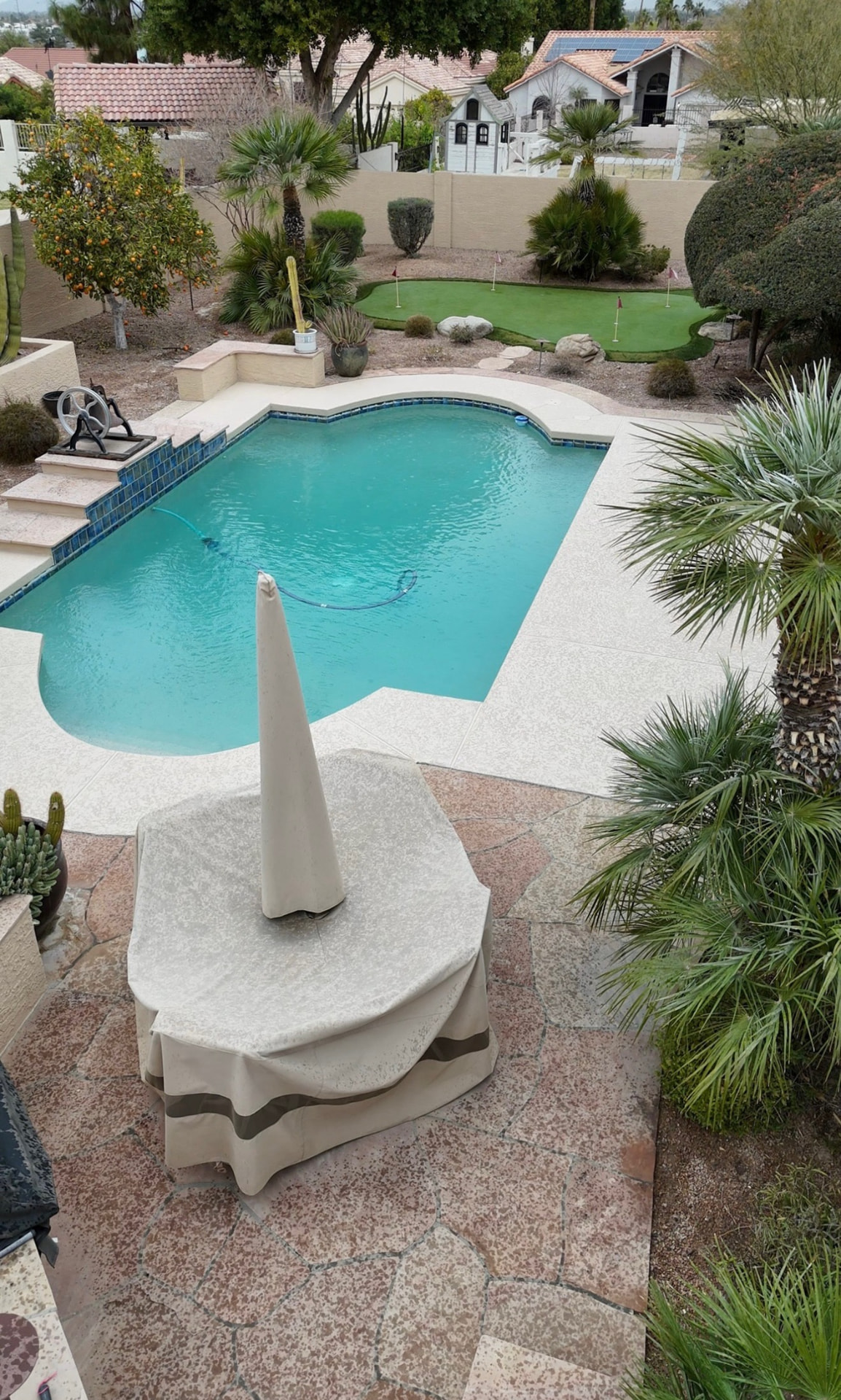 Cream cool deck coating around a kidney-shaped Arizona backyard pool