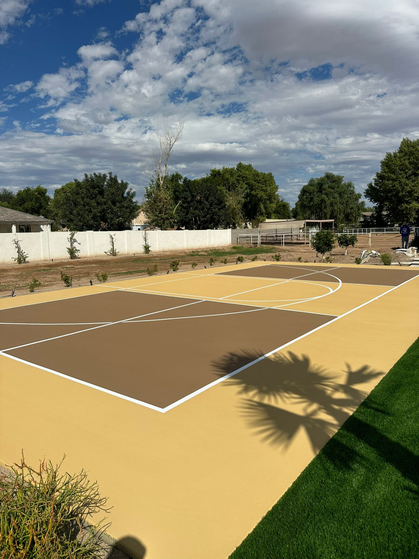 Tan and brown acrylic backyard basketball court in Arizona
